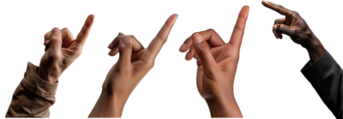 Collection of hands pointing. Isolated on transparent background