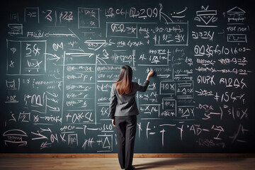 Back view of teacher drawing math formulas on chalkboard with chalk