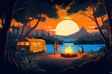 Jungle camping adventure in cartoon