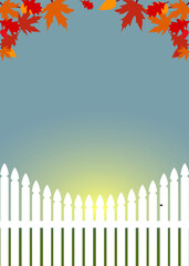 Cute, cartoon background for text with picket fence element and leaves, with automn colors
