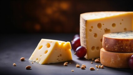 Cheese on rustic wooden table. Generated with AI