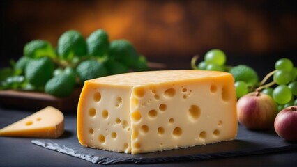 Various types of cheese on wooden table. Generated with AI