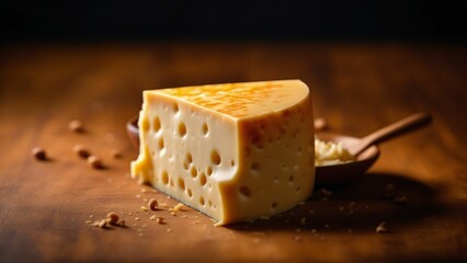 Various types of cheese on wooden table. Generated with AI