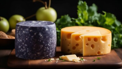 Various types of cheese on wooden table. Generated with AI