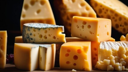 Various types of cheese on rustic wooden table, Generated with AI