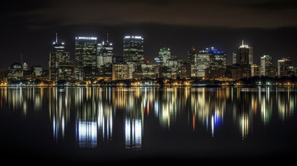Modern city skyline at night with skyscrapers reflecting in water