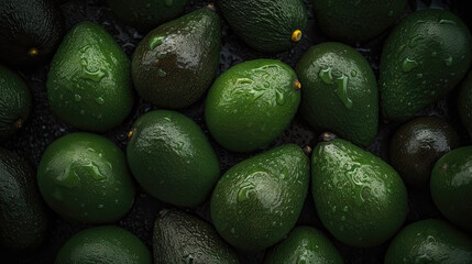 Heap of fresh, ripe avocados with waterdrops