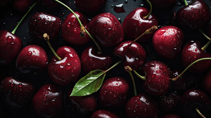 Heap of ripe, dark red cherries with waterdrops