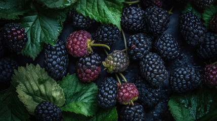 Heap of fresh black mulberries with shimmering drops