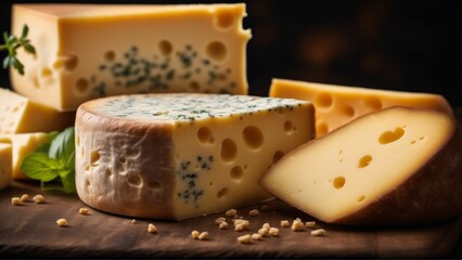 Various types of cheese on rustic wooden table, Generated with AI