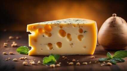 Various types of cheese on rustic wooden table, Generated with AI