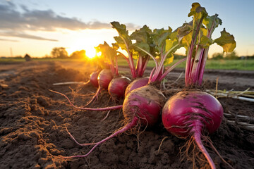 Fresh beetroot in the farm fields. Organic and ecological food produce and harvest. Generative Ai - obrazy, fototapety, plakaty