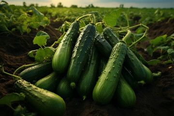 Fresh cucumber in the farm fields. Organic and ecological food produce and harvest. Generative Ai