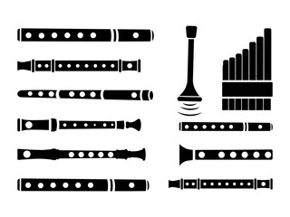 Flute Instrument Vector Illustration Big Clip Art Collection. Flute Instrument Music Elements, Flute Musical Sound System. Flute Instrument Isolated Art Cartoon Silhouette, Flute Play Vector Set.