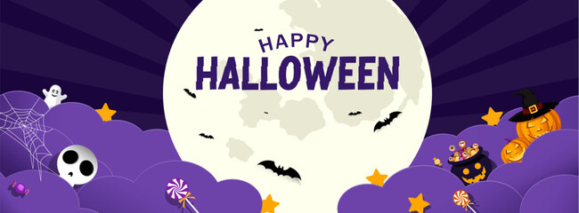 Happy halloween text vector template design. Halloween invitation card with full moon elements and paper cut clouds for spooky horror background. Vector illustration party invitation card template.
