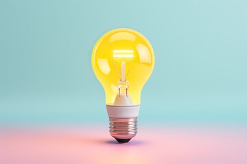Trendy yellow light bulb on clean pastel backdrop. Leadership in technology and design. Concept of modern innovation and efficiency.