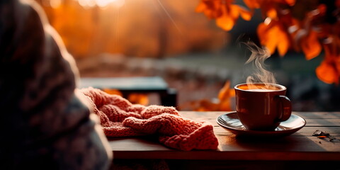 warm knitted sweater and coffee warming on a cool autumn day Generative AI