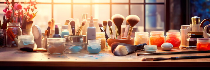 makeup brushes used for applying shadows, blush and highlighters. Generative AI - obrazy, fototapety, plakaty