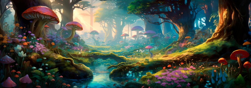mystical forest, filled with colorful flora and fauna, inviting viewers into a magical world. Generative AI