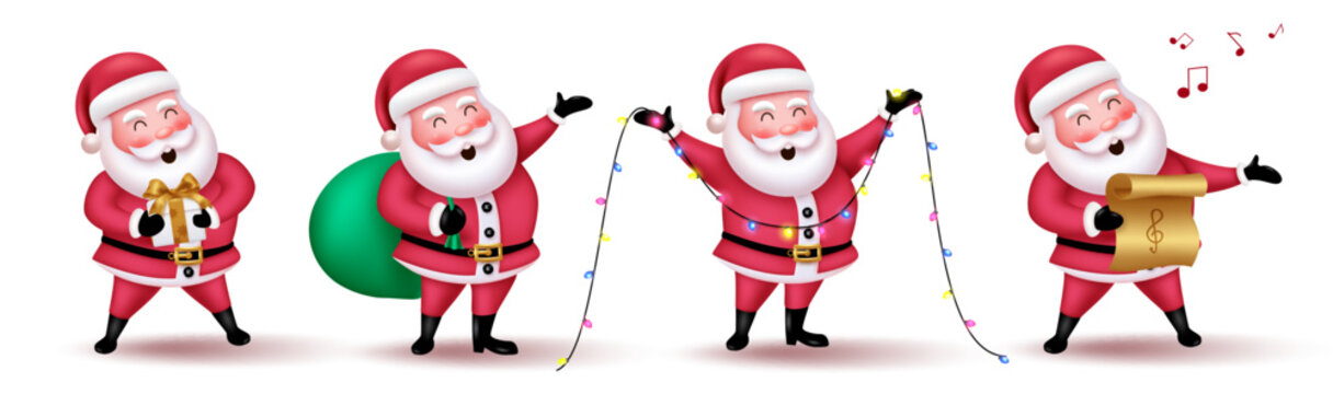 Christmas santa claus vector set design. Santa claus characters in standing pose, singing and holding gift for xmas cartoon costume. Vector illustration santa character collection.
