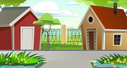 house is beautiful. Cozy patios and road. Flower lawns. Fun cartoon style. Vector