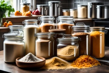 There are storage containers filled with flour and different types of pasta on the kitchen countertop