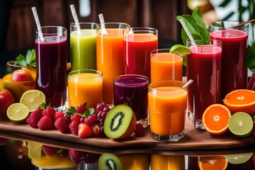 Colorful fresh juices and some fruits near on the table