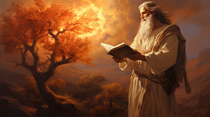 Moses with the burning bush, old Testament and Jewish Torah, Book of Exodus, religion - obrazy, fototapety, plakaty