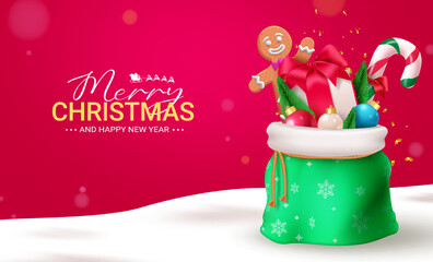 Merry christmas sacks vector design. Christmas and new year greeting text with santa sack full of gits for holiday season celebration. Vector illustration xmas winter seasonal background.
