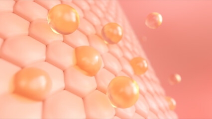 3D rendering of Cosmetic serum Oil drop on skin cell, Skin care cosmetics background.
