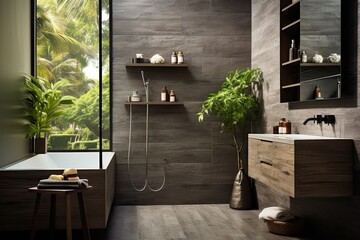 Interior of modern bathroom with dark gray walls, wooden floor, comfortable white bathtub with towels and green plants
