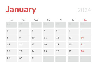 Monthly page Calendar Planner Templates of January 2024. Vector layout of simple calendar with week start Monday for print. Page for size A4 or 21x29.7 cm