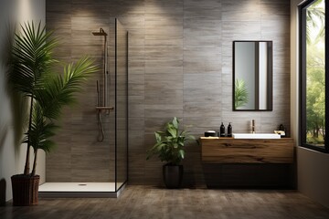 Interior of modern bathroom with dark gray walls, wooden floor, comfortable white bathtub with towels and green plants