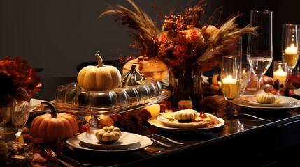 thanksgiving day, beautiful table setting with decorative elements, flowers and pumpkins. ai generated