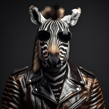 Image of an zebra wore sunglasses and wore a black leather jacket on clean background. Wildlife Animals. Illustration, Generative AI.