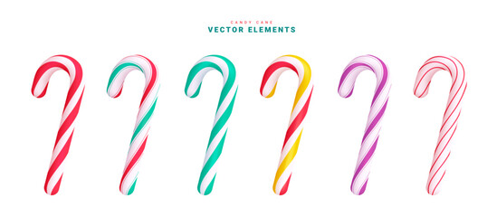 Candy cane christmas vector set design. Christmas candy cane elements collection in colorful stripe pattern for holiday season ornaments decoration. Vector illustration candy cane elements collection.