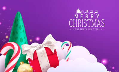 Merry christmas text vector design. Christmas greeting card pine tree, gift box, candy cane and paper cut clouds concept. Vector illustration holiday season card decoration.
