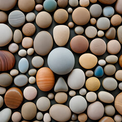 Background of sea stones. Stones of different shapes, sizes and colors on the seashore, close-up. Generative AI