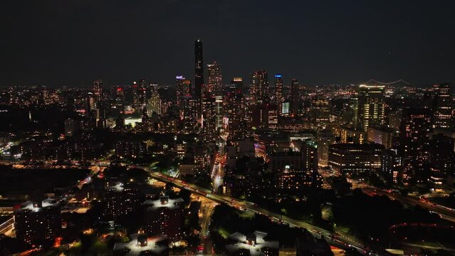 An aerial view of a city at night