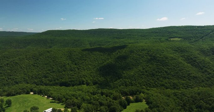 Forested Mountains At Steel Creek Campground Near Buffalo National River In Arkansas, USA. Aerial Wide Shot