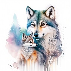 Enchanting Watercolor Depiction of a Mother Wolf and Her Adorable Pup in the Wilderness