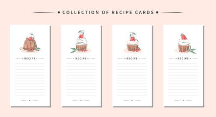 Collection of recipe card templates. Clean pages of the cookbook are decorated cakes and dessert. Vector illustration.