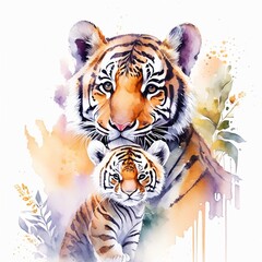 Watercolor Representation of a Tigress with Her Playful Cub