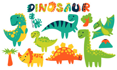 Fototapeta na wymiar Vector cartoon illustration of dinosaurs and elements of the tropical habitat of Stegosaurus, brachiosaurus, velociraptor, Triceratops, Tyrannosaurus, spinosaurus and Pterosaurus