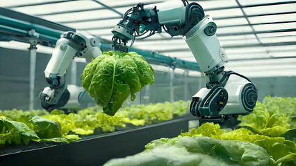 Smart farming agricultural technology robotic arm harvesting in a greenhouse. - obrazy, fototapety, plakaty