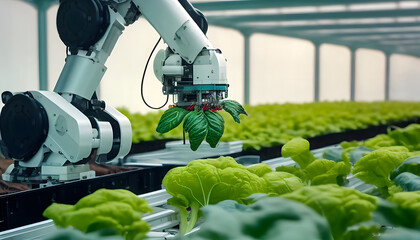Smart farming agricultural technology robotic arm harvesting in a greenhouse. - obrazy, fototapety, plakaty