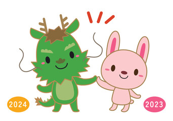 辰年・卯年 干支交代 キャラクター イラスト/ハイタッチ04・線あり