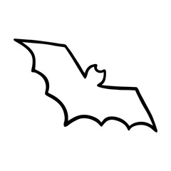 Halloween bat in flight, simple black contour isolated on white. Line drawing sketch in doodle style. Vector picture, illustration of traditional decoration, holiday and scary design.