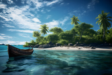 Obraz premium Island with forest, sea scene, underwater and above water