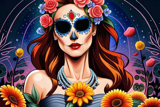day of the dead illustration with white skull decorated with flowers, traditional Mexican festival